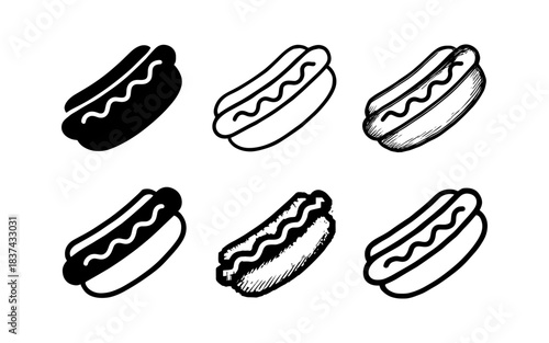 Diverse styles of hot dog icons in black and white