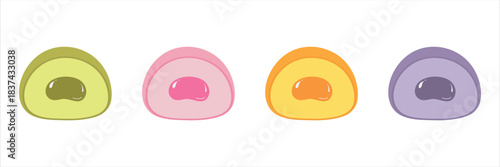 Mochi of various colors. A traditional Japanese sweet dessert made from rice flour, bento mochi. Balls with filling. Isolated vector illustration on a white background.