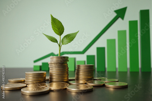 Concept of Indian economic growth and budget. Rupee coins and rising graph visualization.
