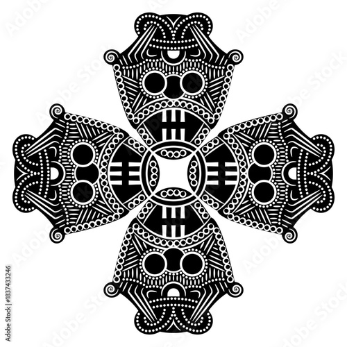 Square cross shape ethnic design with four Viking masks from ancient Denmark. Stylized human faces. Norse mythology. Deity Loki or Odin. Black and white silhouette.