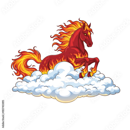 A glowing red fire horse rests proudly on a cloud surrounded by warm light.