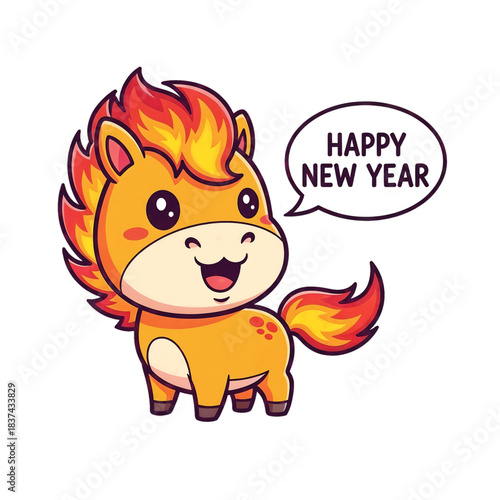 A cute chibi fire horse smiles happily with a Happy New Year message.