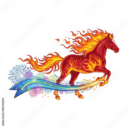 A fiery galloping horse races forward trailing rainbow sparks and fireworks.
