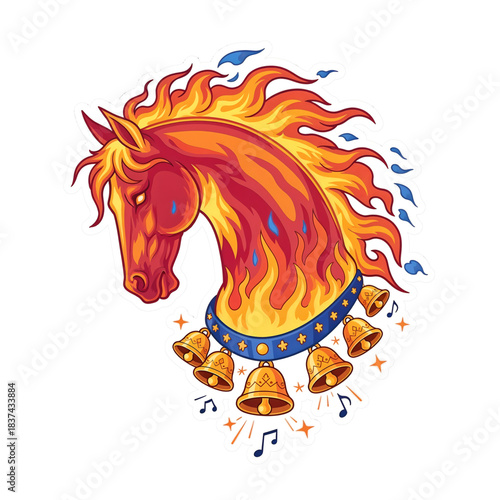 A fiery horse head surrounded by ringing golden bells and musical notes.