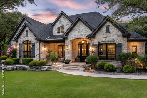 a beautiful home in the vicinity of san antonio, texas. the exterior is made of stone with a large front yard and an american flag hanging on the wall.