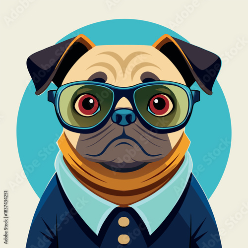 Cute cartoon vector illustration of a funny smiling dog character wearing glasses