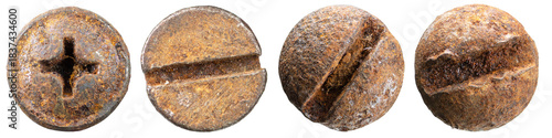 Canvas Print Close-up view of old rusty screw heads isolated on a white background