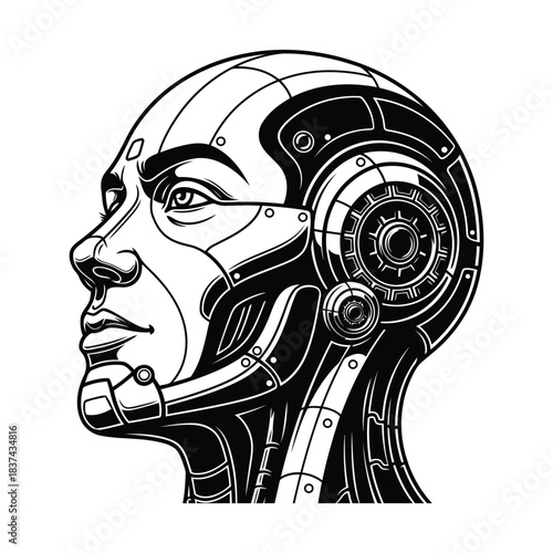 Illustration of cybernetic humanoid head profile outline