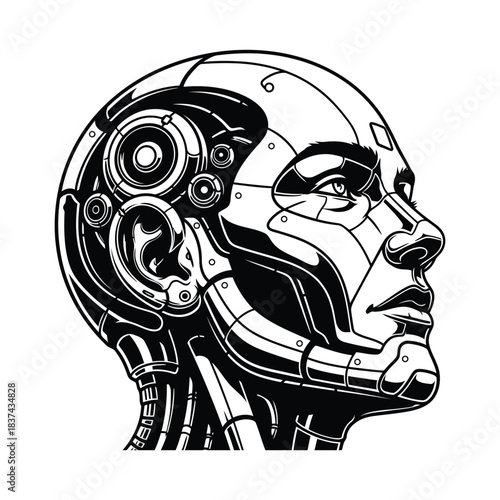 Illustration of cybernetic human head profile portrait outline drawing