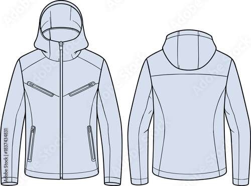 Jacket, hooded, vector, illustration, sketch, outline, fashion, gear, durable, ergonomic, structured, silhouette, layout, design, accessory, zipper, pocket, seam, front, back, technical