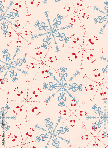 Hand drawn, bow snow flakes seamless repeat pattern. Random placed, vector hair tie ice aop, all over surface print on beige background.