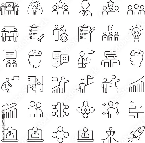 Consulting icon set of scope, creative, business, technology, construction, health, team, idea, university, management, worker, creativity, partnership, employee, manager, service, biotechnology, tax
