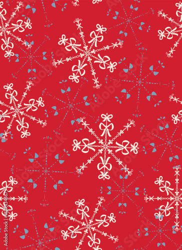 Hand drawn, bow snow flakes seamless repeat pattern. Random placed, vector hair tie ice aop, all over surface print on red x-mas background.