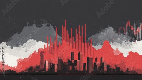 A dramatic cityscape skyline with stylized building silhouettes and graphic color schemes, painted with an expressive, evocative style.