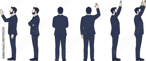 Businessman character gestures, side and rear views, dark blue suit, vector illustration, flat design, professional pose, minimal style