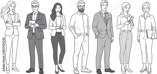 Business team character lineup, professional attire, office fashion, black and white illustration, vector design, corporate diversity, workplace style