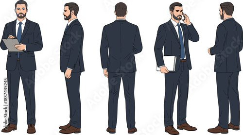 Businessman character poses, formal attire, multiple angles, clipboard, phone gesture, vector illustration, flat design, professional style, office scene