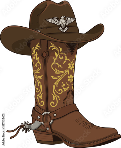 Cowboy boot and hat illustration, western fashion, floral embroidery, spur detail, vector art, rustic style, American heritage design