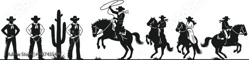 Cowboy cowgirl silhouette set, horseback riding, western poses, desert cactus, vector illustration, black figures, flat design, lasso action