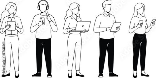 Digital device user illustration, tablet smartphone laptop, modern tech lifestyle, black and white line drawing, vector art, minimal design
