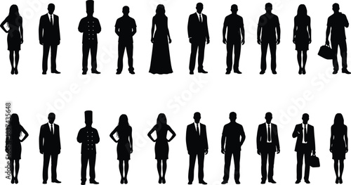 Human silhouette set, diverse attire, standing poses, black figures, vector illustration, flat design, fashion variety, occupational style