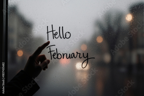 Hand writing Hello February on foggy window. Atmospheric winter month concept.