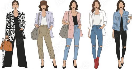 Stylish women fashion outfits, blazer looks, ripped jeans, handbag accessories, vector illustration, flat design, casual chic, modern style