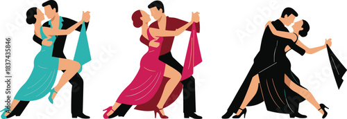 Tango dancing couples, elegant poses, flowing dresses, passionate movement, vector illustration, flat design, dramatic style, dance performance, partner connection
