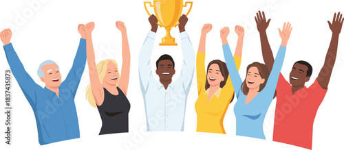 Team celebration with trophy, group success, victory moment, vector illustration, flat design, joyful pose, achievement, unity, business teamwork