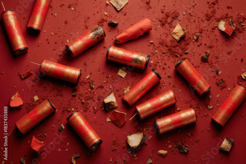 Texture of red firecrackers on ground. Lunar New Year celebration aftermath.