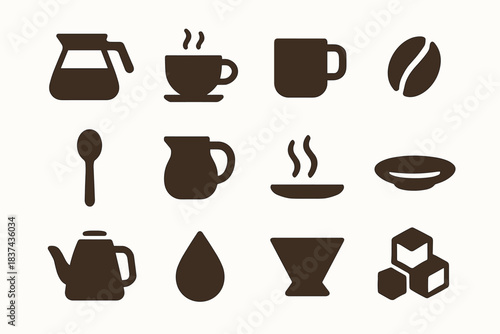 Saucer steam cube sugar coffee icons mug drop bean icon pot collection