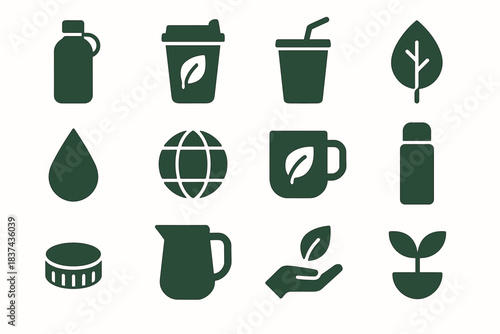 Cup drinkware icons eco cap plant hand vector icon drop straw leaf
