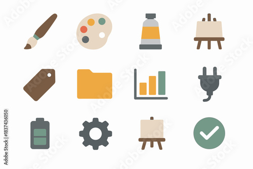 Icons tools paint painting vector brush folder battery chart tube plug easel
