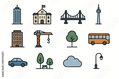 Bridge icons bus icon city street park car set vector urban crane