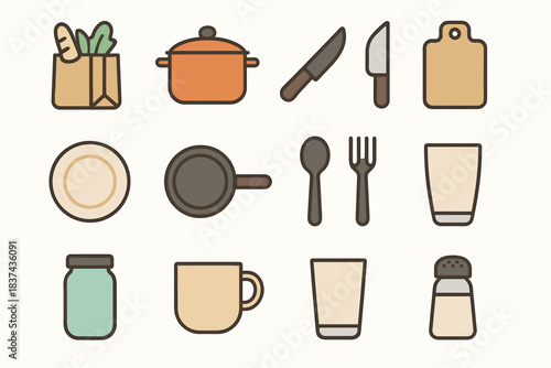 Jar kitchen pan minimal vector cutting fork glass icon shaker grocery salt