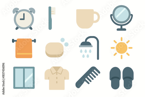 Sun slipper morning mirror clock icon comb cup shower vector icons soap