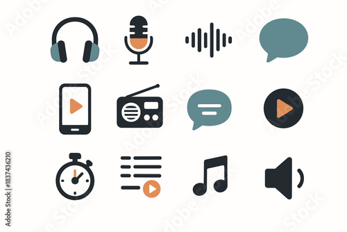 Volume play radio sound set timer icon microphone note podcast vector button