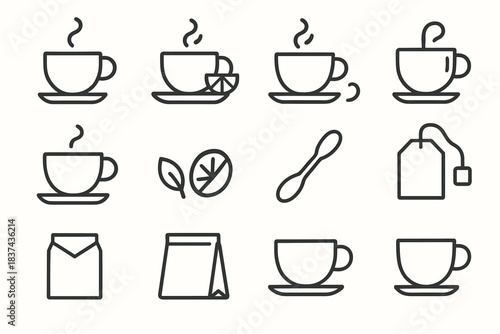 Tea dot cup line minimal saucer outline icon shadow spoon vector icons