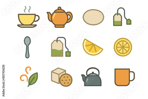 Bag kettle lemon icon set cup tea vector cube sugar saucer mug