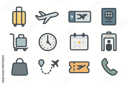 Airport security icon luggage passport calendar ticket trolley phone set pass vector