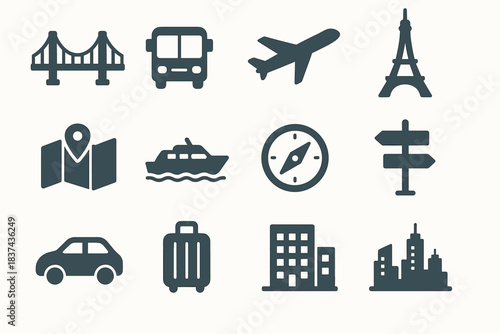 Bus icon icons vector airplane travel tower set skyline signpost bridge map