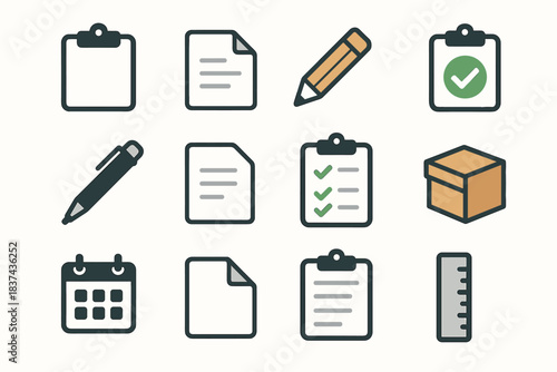 Minimal clipboard box set ruler icon note checkmark pencil paper file vector