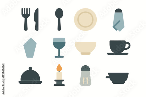 Spoon cover dish shaker salt setting candle bowl fork icon table vector