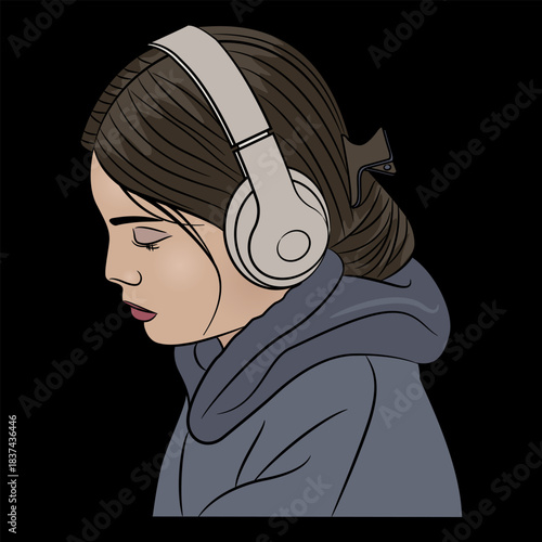 Head of a pretty sad young girl listening music in headphones. Vector illustration. Cartoon style. On black background.