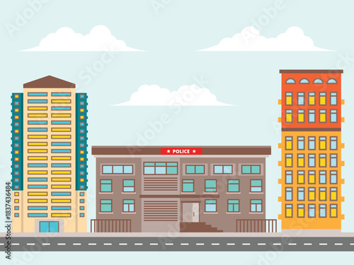 Urban Cityscape with Police Station and Residential buildings