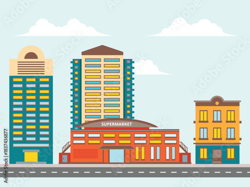 Urban Cityscape with Supermarket and Residential buildings