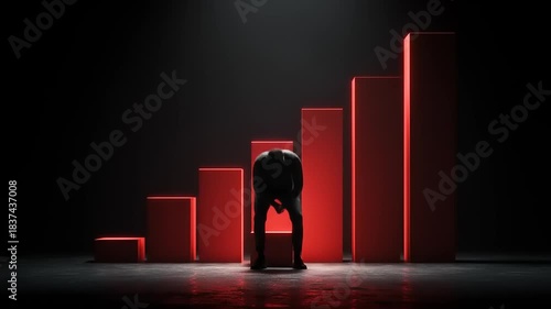 Man in silhouette sits in front of a red bar graph, depicting business challenges and financial struggles.