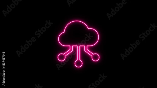 Pink neon cloud computing icon representing data storage and network connection. Neon Icon. Neon Sign