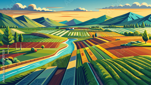 Very beautiful irrigated fields stretch across open rural Montana terrain, glistening under bright daylight. A peaceful agricultural landscape showcasing productive farmland, flowing water, and the 