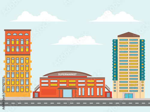 Urban Cityscape with Supermarket and Residential buildings